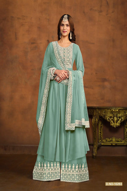 DESIGNER GEORGETTE FABRIC WITH EMBROIDERY WORK HEAVY LACE DUPPATA PLAZO KAMEEZ