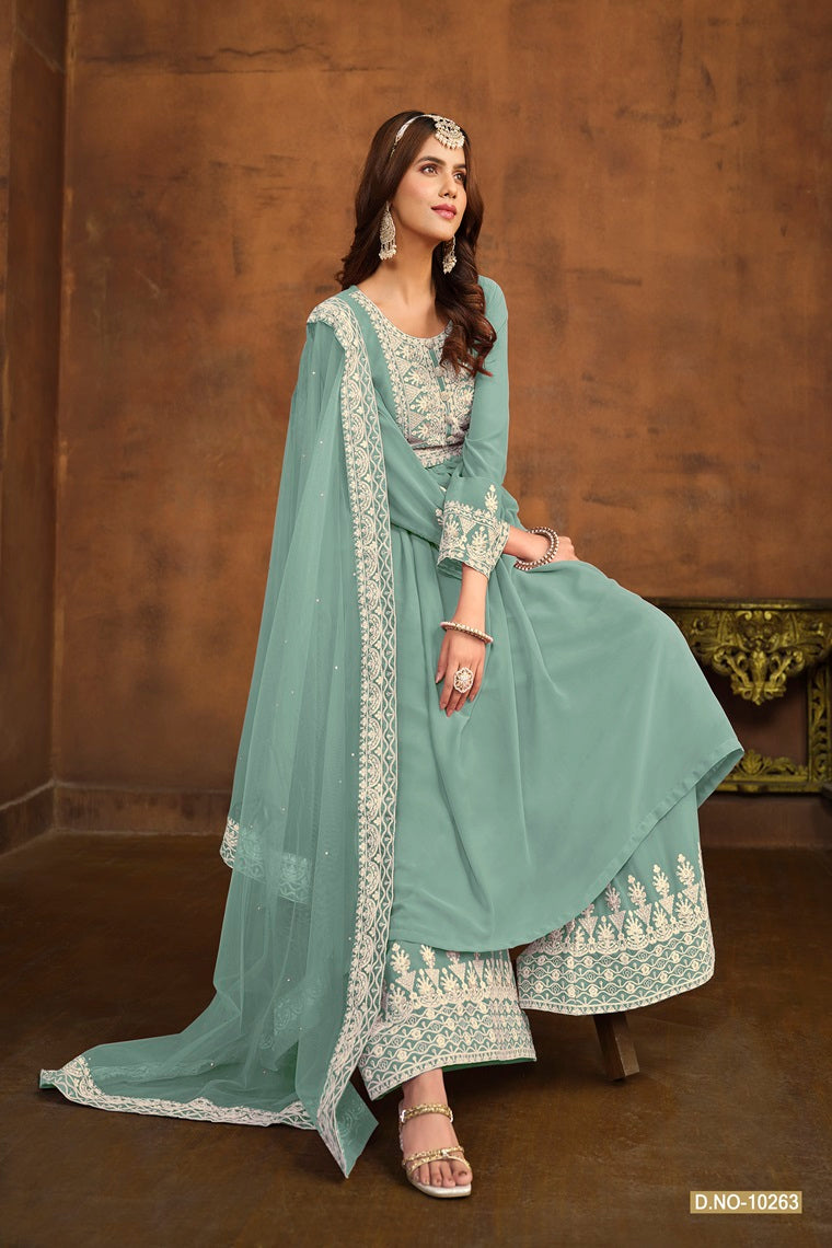 DESIGNER GEORGETTE FABRIC WITH EMBROIDERY WORK HEAVY LACE DUPPATA PLAZO KAMEEZ