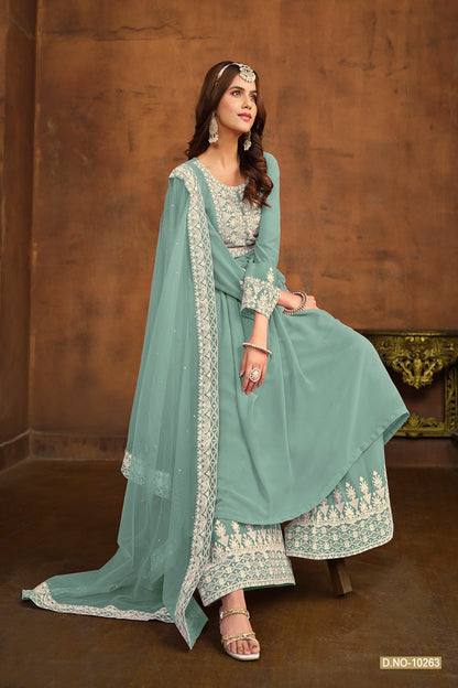 DESIGNER GEORGETTE FABRIC WITH EMBROIDERY WORK HEAVY LACE DUPPATA PLAZO KAMEEZ