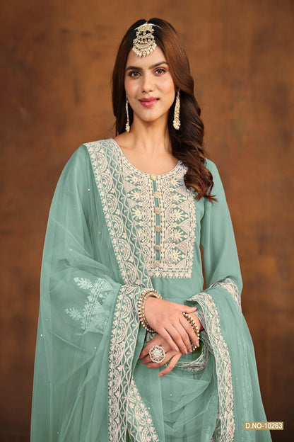 DESIGNER GEORGETTE FABRIC WITH EMBROIDERY WORK HEAVY LACE DUPPATA PLAZO KAMEEZ