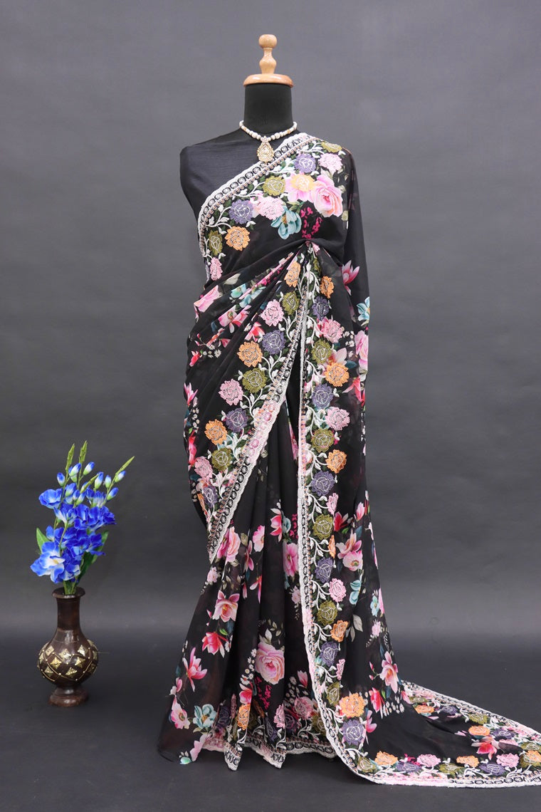 DESIGNER BEAUTIFUL FLOWERS DIGITAL PRINT SAREE