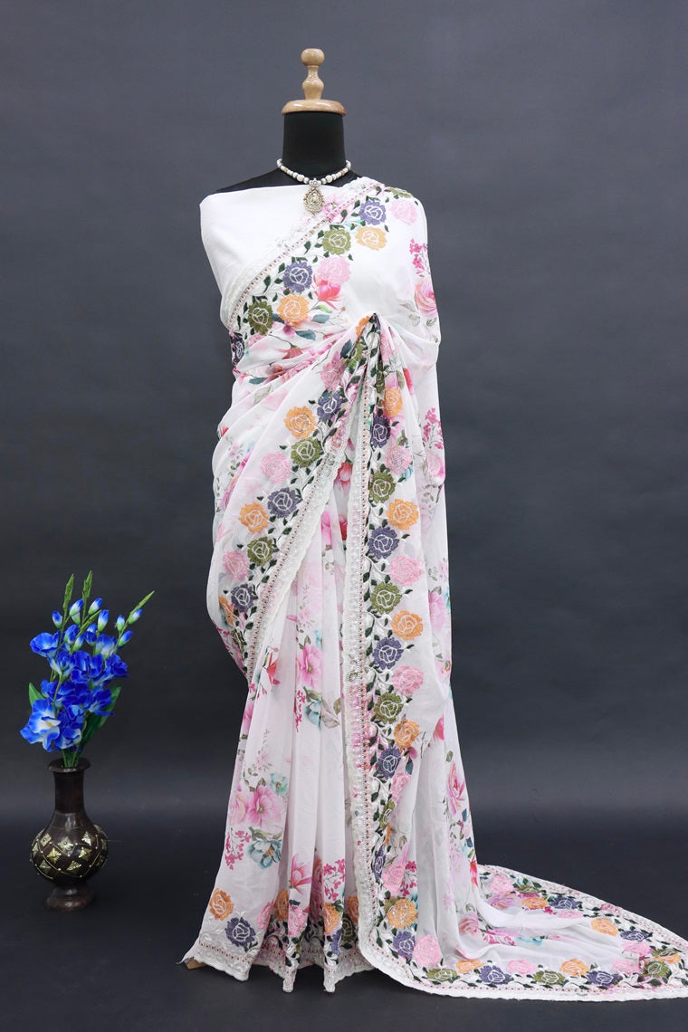 DESIGNER BEAUTIFUL FLOWERS DIGITAL PRINT SAREE