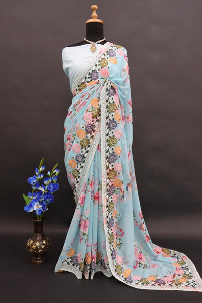 DESIGNER BEAUTIFUL FLOWERS DIGITAL PRINT SAREE