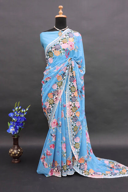 DESIGNER BEAUTIFUL FLOWERS DIGITAL PRINT SAREE