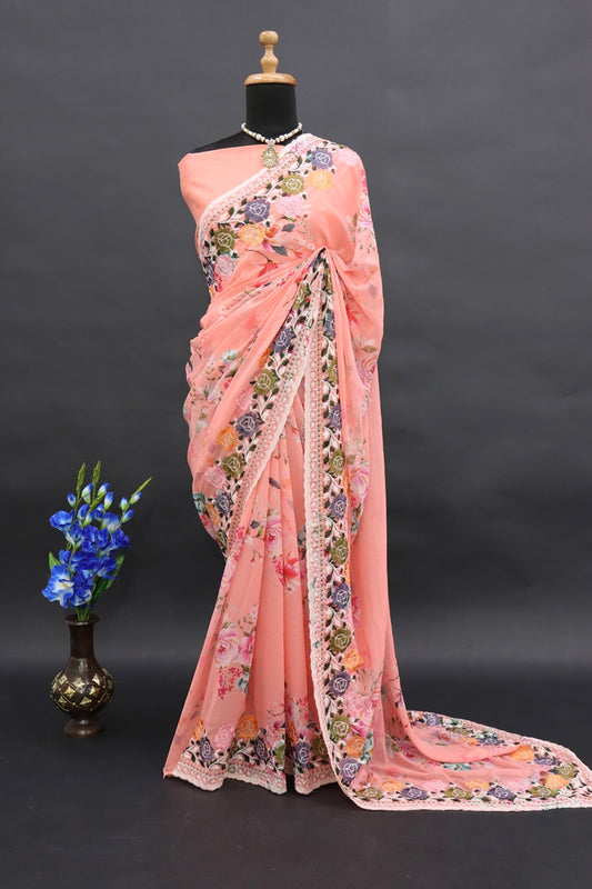 DESIGNER BEAUTIFUL FLOWERS DIGITAL PRINT SAREE