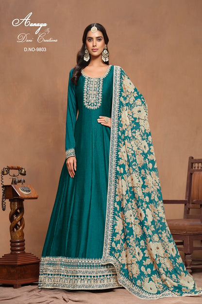 DESIGNER ART SILK WITH HEAVY EMBROIDERY WORK ORGANZA PRINT DUPPATA SALWAR SUIT