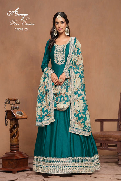 DESIGNER ART SILK WITH HEAVY EMBROIDERY WORK ORGANZA PRINT DUPPATA SALWAR SUIT