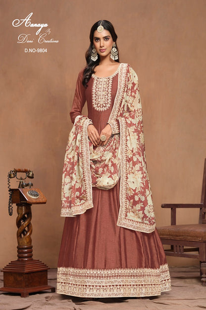 DESIGNER ART SILK WITH HEAVY EMBROIDERY WORK ORGANZA PRINT DUPPATA ANARKALI SUIT