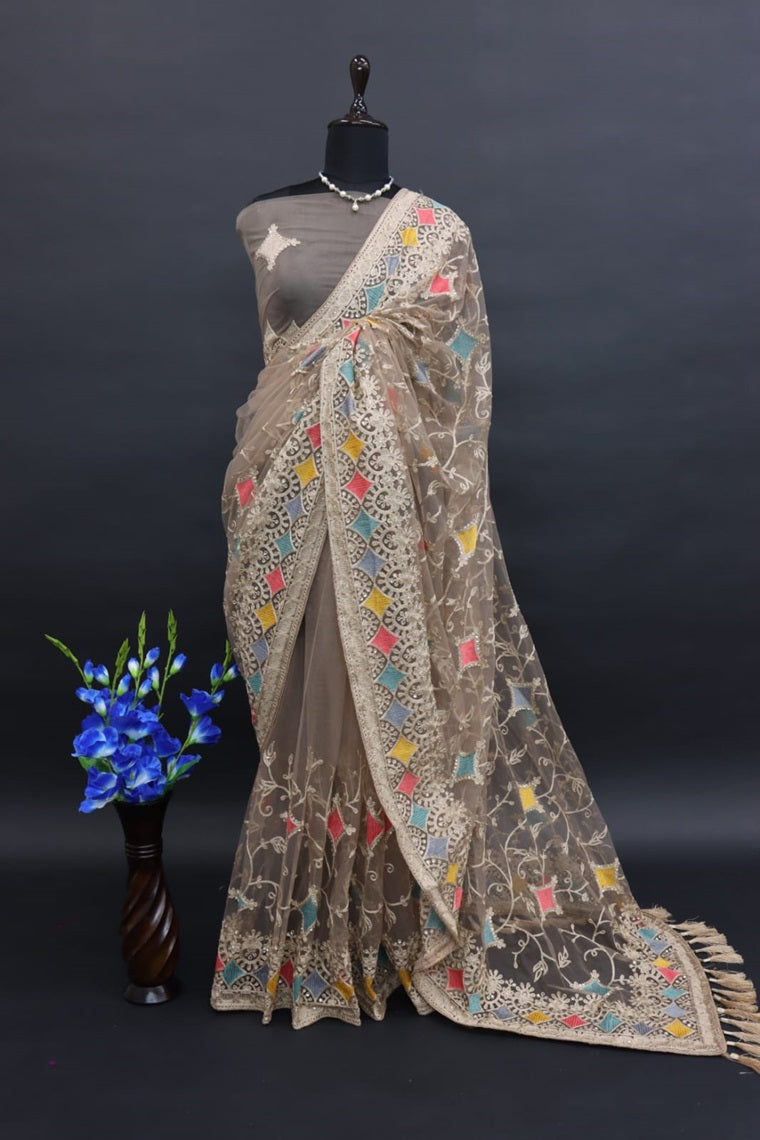 DESIGNER HEAVY BUTTERFLY NET EMBROIDERY SAREE