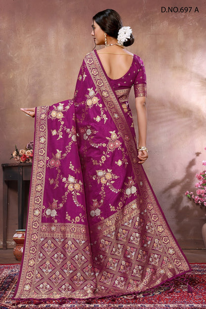 PURE DOLA SILK JAQURAD WEAVING PINK SAREE WITH RICH ZARI RESHAM PALLU WITH FANCY TASEELS