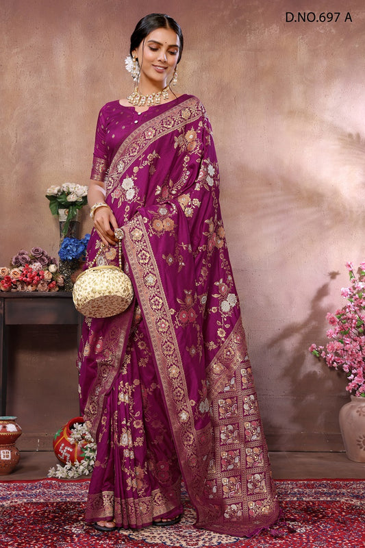 PURE DOLA SILK JAQURAD WEAVING PINK SAREE WITH RICH ZARI RESHAM PALLU WITH FANCY TASEELS