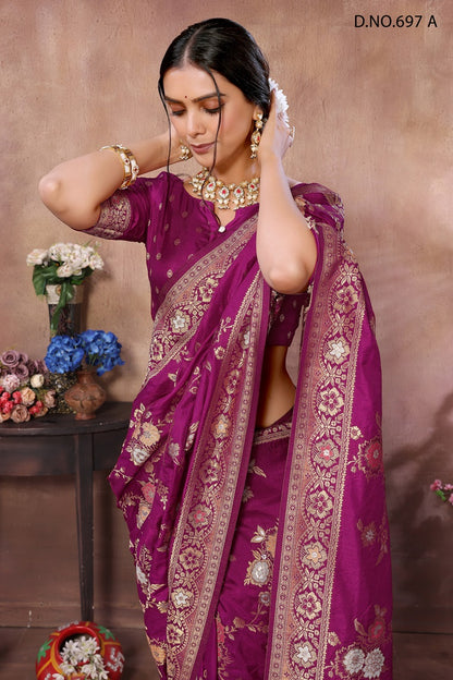 PURE DOLA SILK JAQURAD WEAVING PINK SAREE WITH RICH ZARI RESHAM PALLU WITH FANCY TASEELS