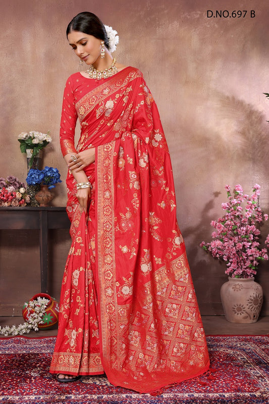 PURE DOLA SILK JAQURAD WEAVING ORANGE SAREE WITH RICH ZARI RESHAM PALLU WITH FANCY TASEELS