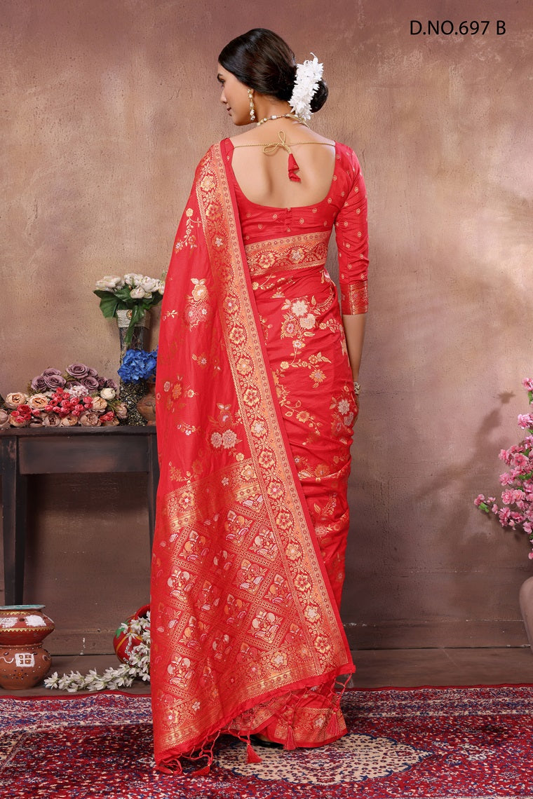 PURE DOLA SILK JAQURAD WEAVING ORANGE SAREE WITH RICH ZARI RESHAM PALLU WITH FANCY TASEELS