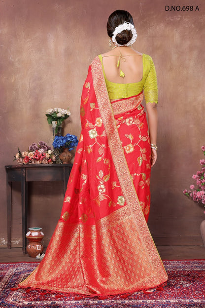 PARTY WEAR JAQURAD WEAVING RED SAREE WITH RICH ZARI RESHAM PALLU WITH FANCY TASEELS