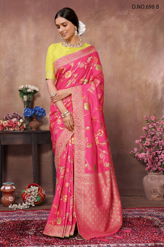 PARTY WEAR JAQURAD WEAVING PINK SAREE WITH RICH ZARI RESHAM PALLU WITH FANCY TASEELS