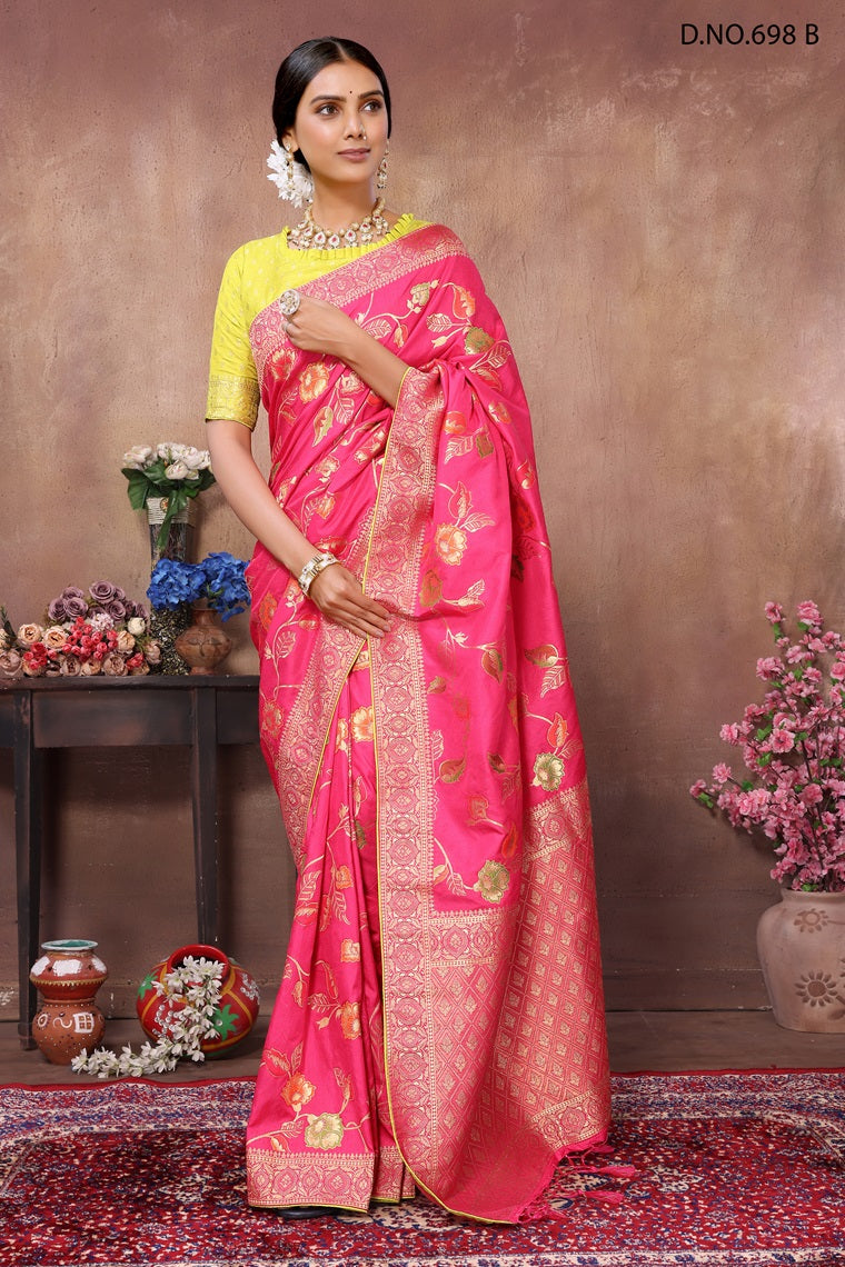 PARTY WEAR JAQURAD WEAVING PINK SAREE WITH RICH ZARI RESHAM PALLU WITH FANCY TASEELS