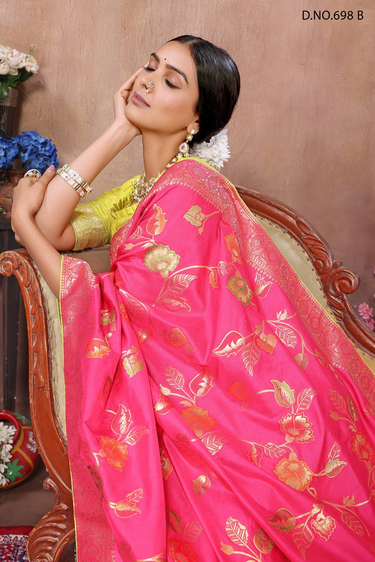 PARTY WEAR JAQURAD WEAVING PINK SAREE WITH RICH ZARI RESHAM PALLU WITH FANCY TASEELS