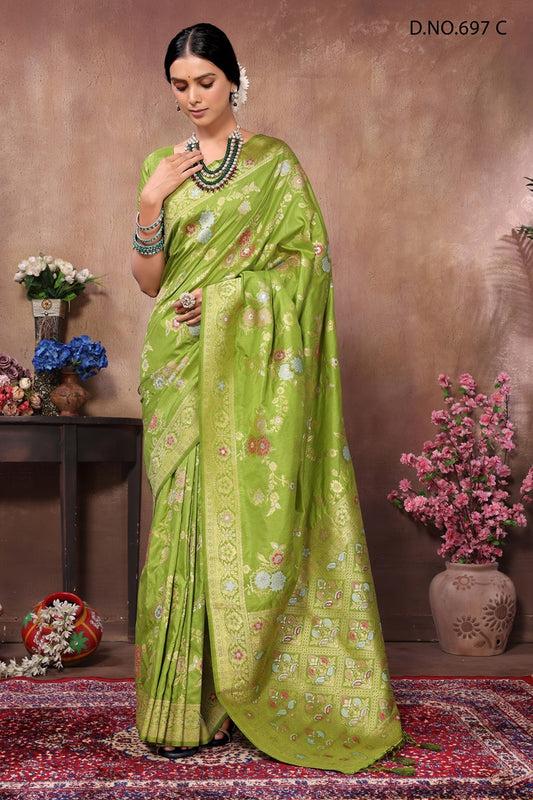 PURE DOLA SILK JAQURAD WEAVING PARROT COLOR  SAREE WITH RICH ZARI RESHAM PALLU WITH FANCY TASEELS