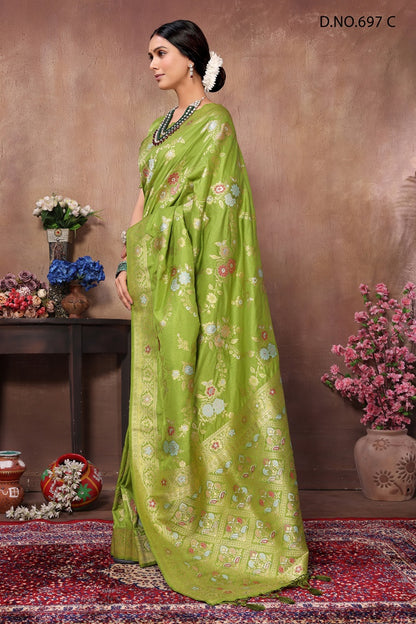 PURE DOLA SILK JAQURAD WEAVING PARROT COLOR  SAREE WITH RICH ZARI RESHAM PALLU WITH FANCY TASEELS