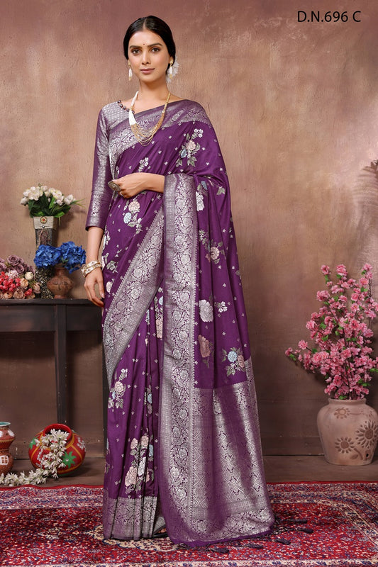 PURE KADI CREAP GEORGETTE JAQURAD HAVY MEENAKARI WEVEING SILK GEORGETTE RICH PALLU  BORDER PURPLE COLOR  SAREE