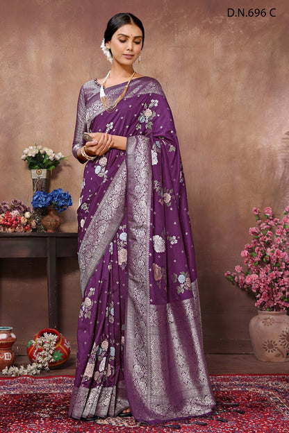 PURE KADI CREAP GEORGETTE JAQURAD HAVY MEENAKARI WEVEING SILK GEORGETTE RICH PALLU  BORDER PURPLE COLOR  SAREE