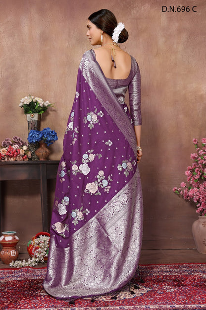 PURE KADI CREAP GEORGETTE JAQURAD HAVY MEENAKARI WEVEING SILK GEORGETTE RICH PALLU  BORDER PURPLE COLOR  SAREE