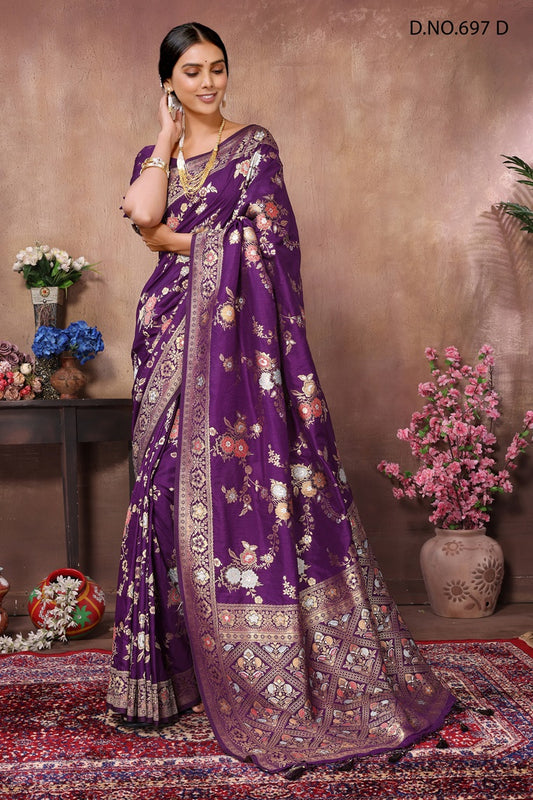 PURE DOLA SILK JAQURAD WEAVING PURPLE COLOR  SAREE WITH RICH ZARI RESHAM PALLU WITH FANCY TASEELS