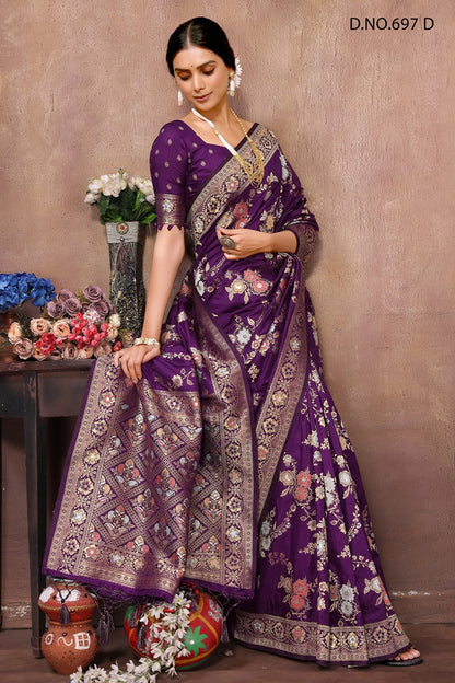 PURE DOLA SILK JAQURAD WEAVING PURPLE COLOR  SAREE WITH RICH ZARI RESHAM PALLU WITH FANCY TASEELS