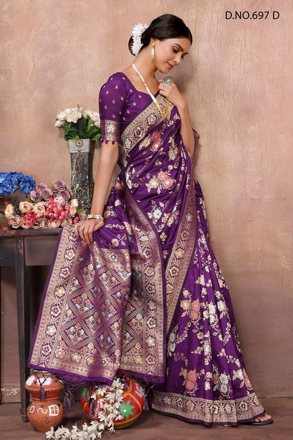 PURE DOLA SILK JAQURAD WEAVING PURPLE COLOR  SAREE WITH RICH ZARI RESHAM PALLU WITH FANCY TASEELS