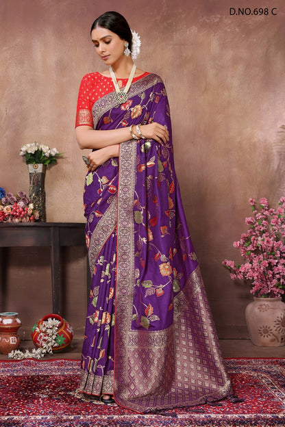 PARTY WEAR JAQURAD WEAVING PURPLE & PINK SAREE WITH RICH ZARI RESHAM PALLU WITH FANCY TASEELS