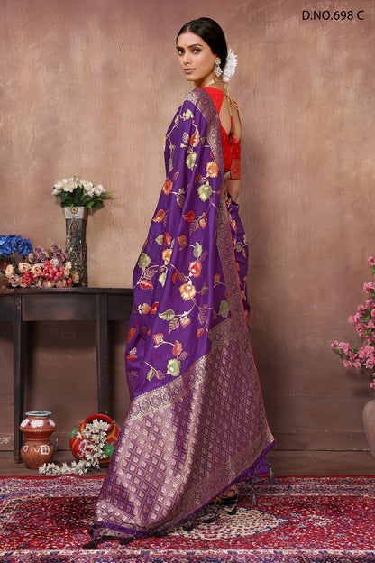 PARTY WEAR JAQURAD WEAVING PURPLE & PINK SAREE WITH RICH ZARI RESHAM PALLU WITH FANCY TASEELS