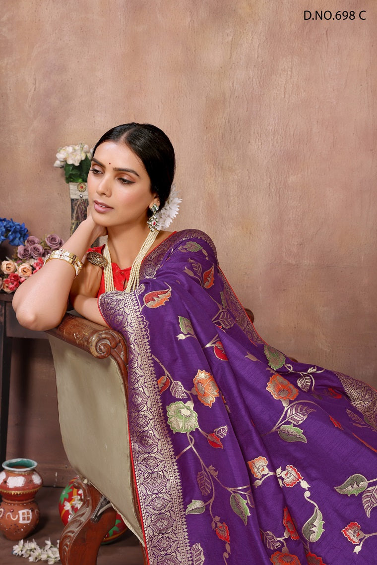 PARTY WEAR JAQURAD WEAVING PURPLE & PINK SAREE WITH RICH ZARI RESHAM PALLU WITH FANCY TASEELS