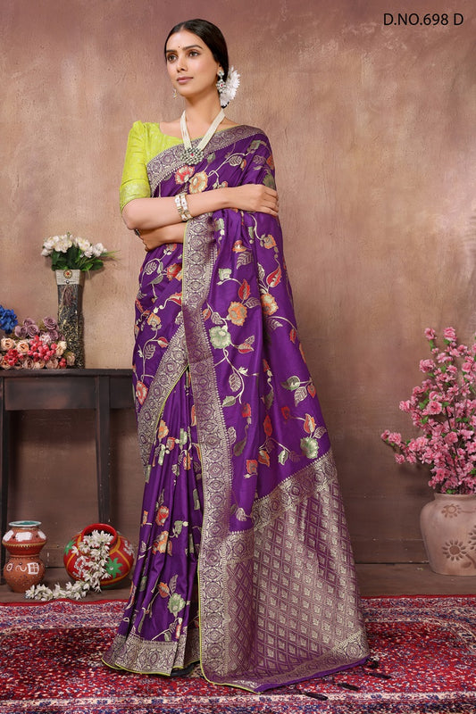 PARTY WEAR JAQURAD WEAVING PURPLE & PARROT SAREE WITH RICH ZARI RESHAM PALLU WITH FANCY TASEELS