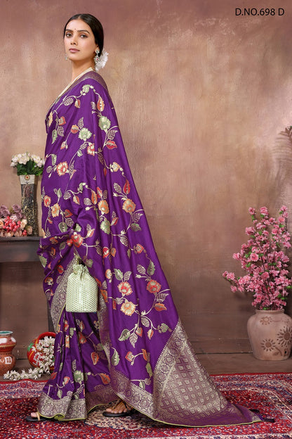 PARTY WEAR JAQURAD WEAVING PURPLE & PARROT SAREE WITH RICH ZARI RESHAM PALLU WITH FANCY TASEELS