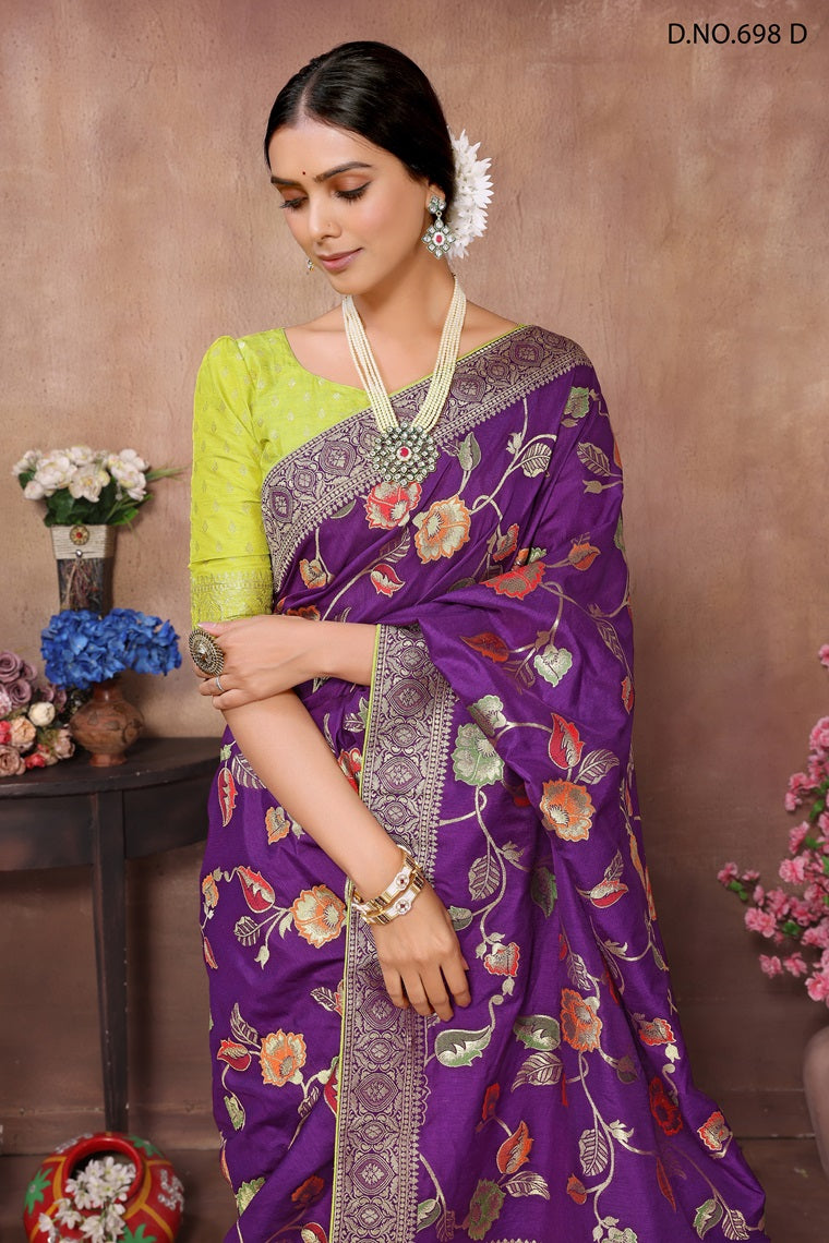 PARTY WEAR JAQURAD WEAVING PURPLE & PARROT SAREE WITH RICH ZARI RESHAM PALLU WITH FANCY TASEELS