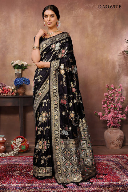 PURE DOLA SILK JAQURAD WEAVING BLACK SAREE WITH RICH ZARI RESHAM PALLU WITH FANCY TASEELS