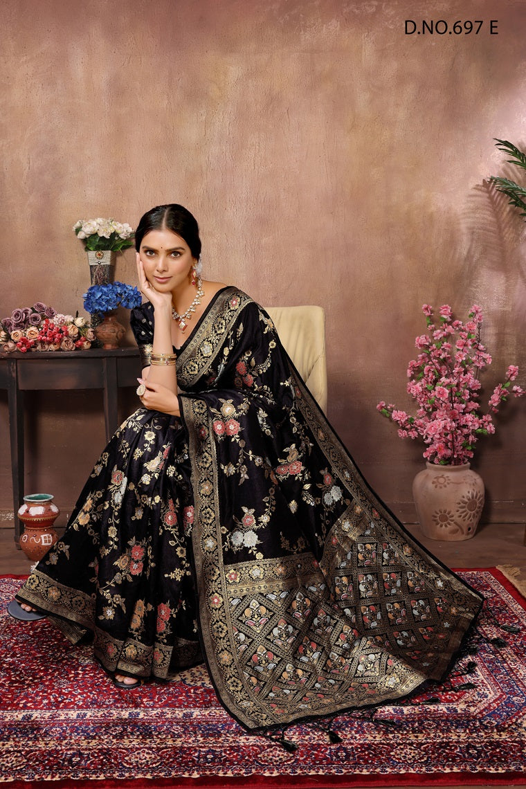 PURE DOLA SILK JAQURAD WEAVING BLACK SAREE WITH RICH ZARI RESHAM PALLU WITH FANCY TASEELS