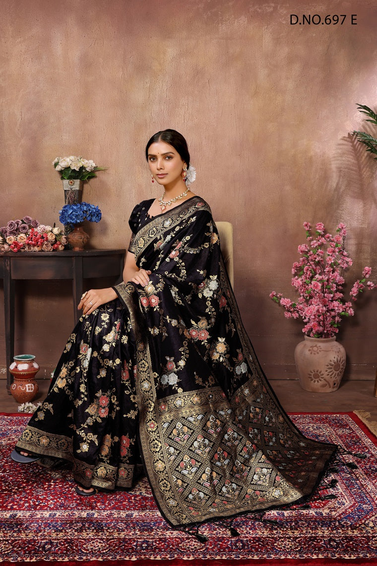 PURE DOLA SILK JAQURAD WEAVING BLACK SAREE WITH RICH ZARI RESHAM PALLU WITH FANCY TASEELS