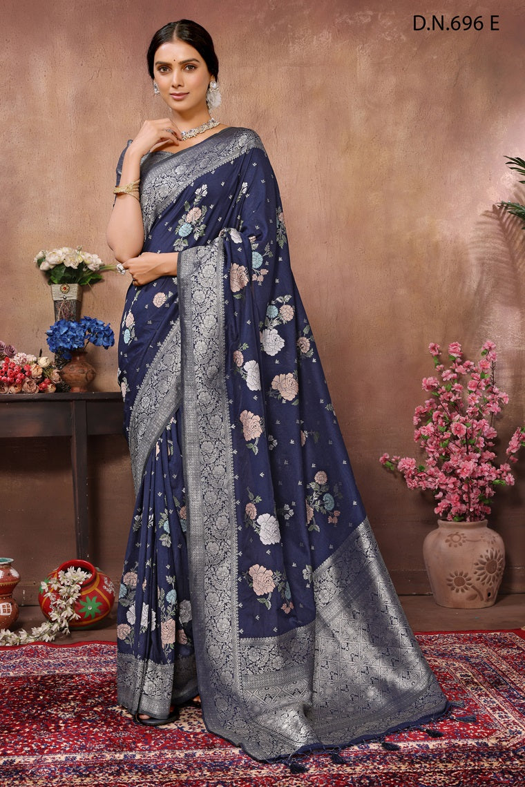 PURE KADI CREAP GEORGETTE JAQURAD HAVY MEENAKARI WEVEING SILK GEORGETTE RICH PALLU  BORDER NAVY BLUE SAREE