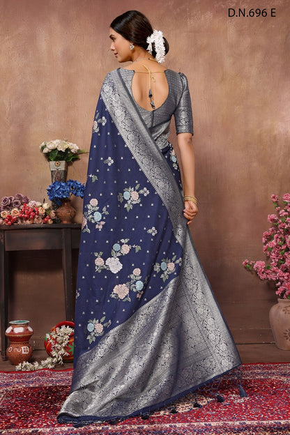 PURE KADI CREAP GEORGETTE JAQURAD HAVY MEENAKARI WEVEING SILK GEORGETTE RICH PALLU  BORDER NAVY BLUE SAREE