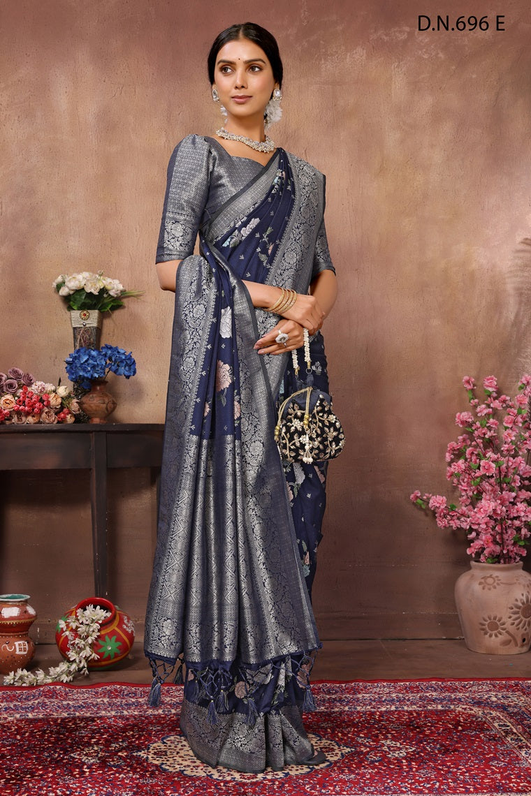 PURE KADI CREAP GEORGETTE JAQURAD HAVY MEENAKARI WEVEING SILK GEORGETTE RICH PALLU  BORDER NAVY BLUE SAREE