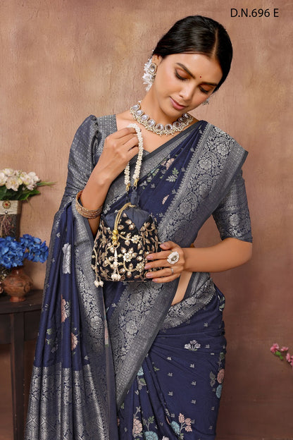 PURE KADI CREAP GEORGETTE JAQURAD HAVY MEENAKARI WEVEING SILK GEORGETTE RICH PALLU  BORDER NAVY BLUE SAREE