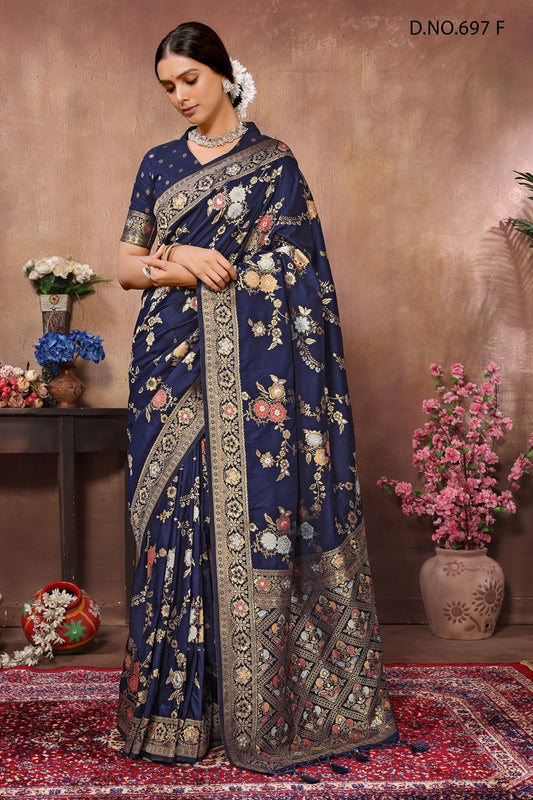 PURE DOLA SILK JAQURAD WEAVING NEVY BLUE SAREE WITH RICH ZARI RESHAM PALLU WITH FANCY TASEELS