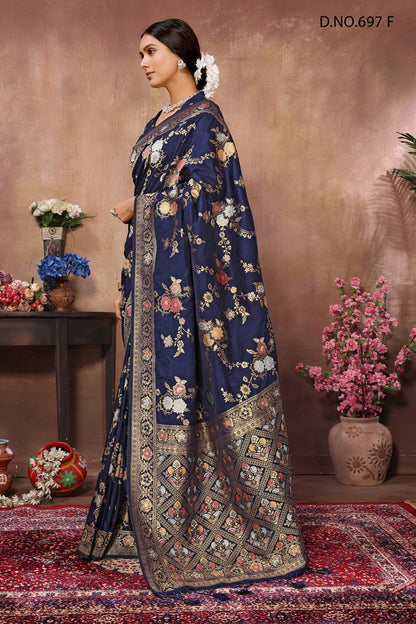 PURE DOLA SILK JAQURAD WEAVING NEVY BLUE SAREE WITH RICH ZARI RESHAM PALLU WITH FANCY TASEELS