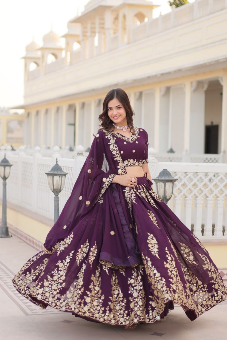 LAMOUNT TRENDING WINE EMBROIDERED FULLY FLAIRED GEORGETTE LEHENGA CHOLI