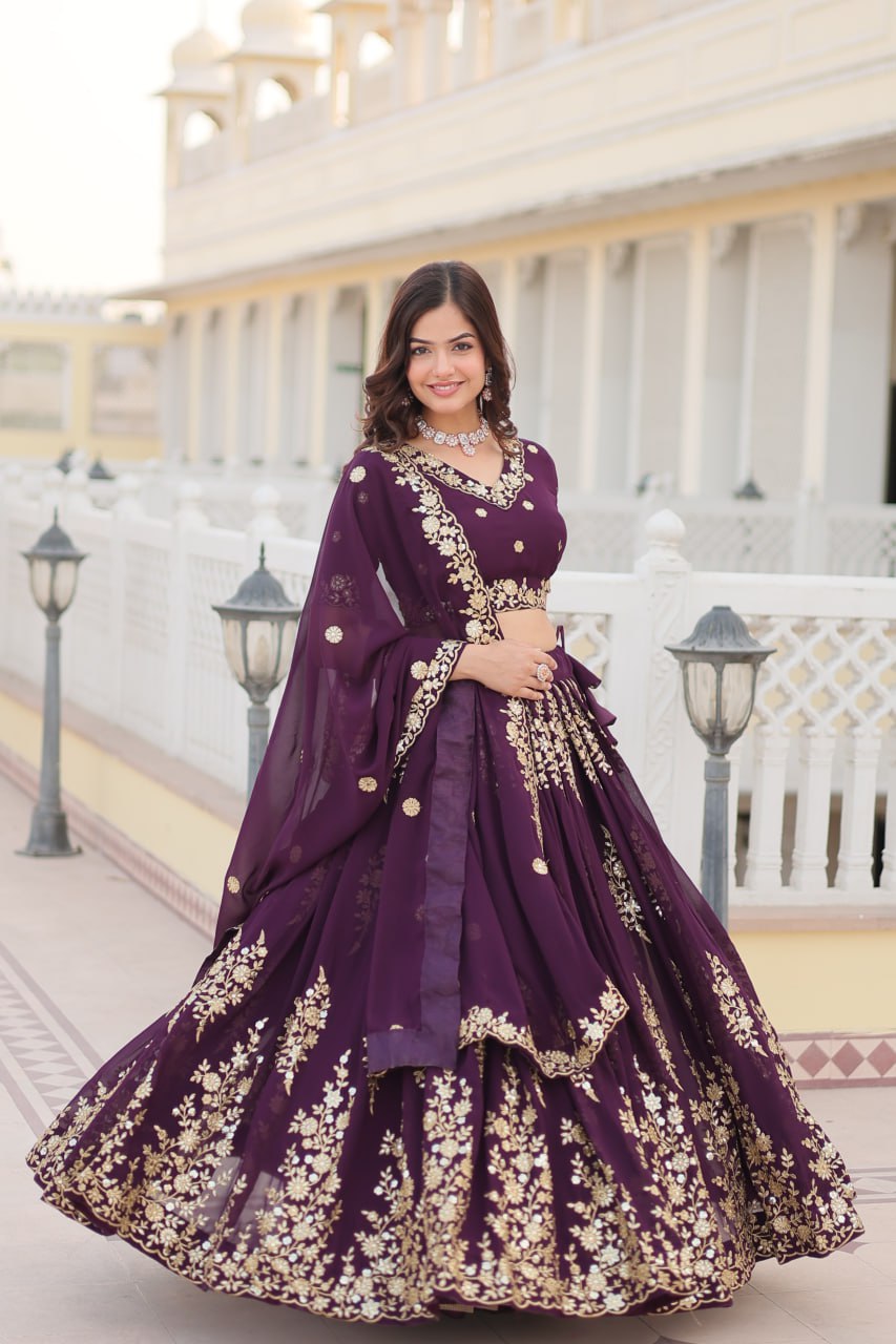 LAMOUNT TRENDING WINE EMBROIDERED FULLY FLAIRED GEORGETTE LEHENGA CHOLI